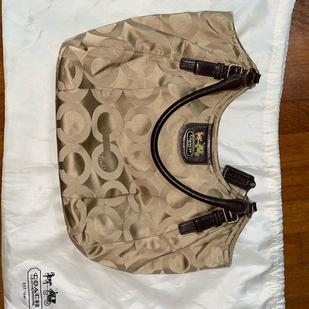 Tan Coach “C” pattern Purse - Picture 7 of 12